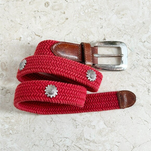 FOSSIL Red Braided Woven Cotton Silver Concho Belt Womens S Brown Leather Ends - Picture 1 of 8